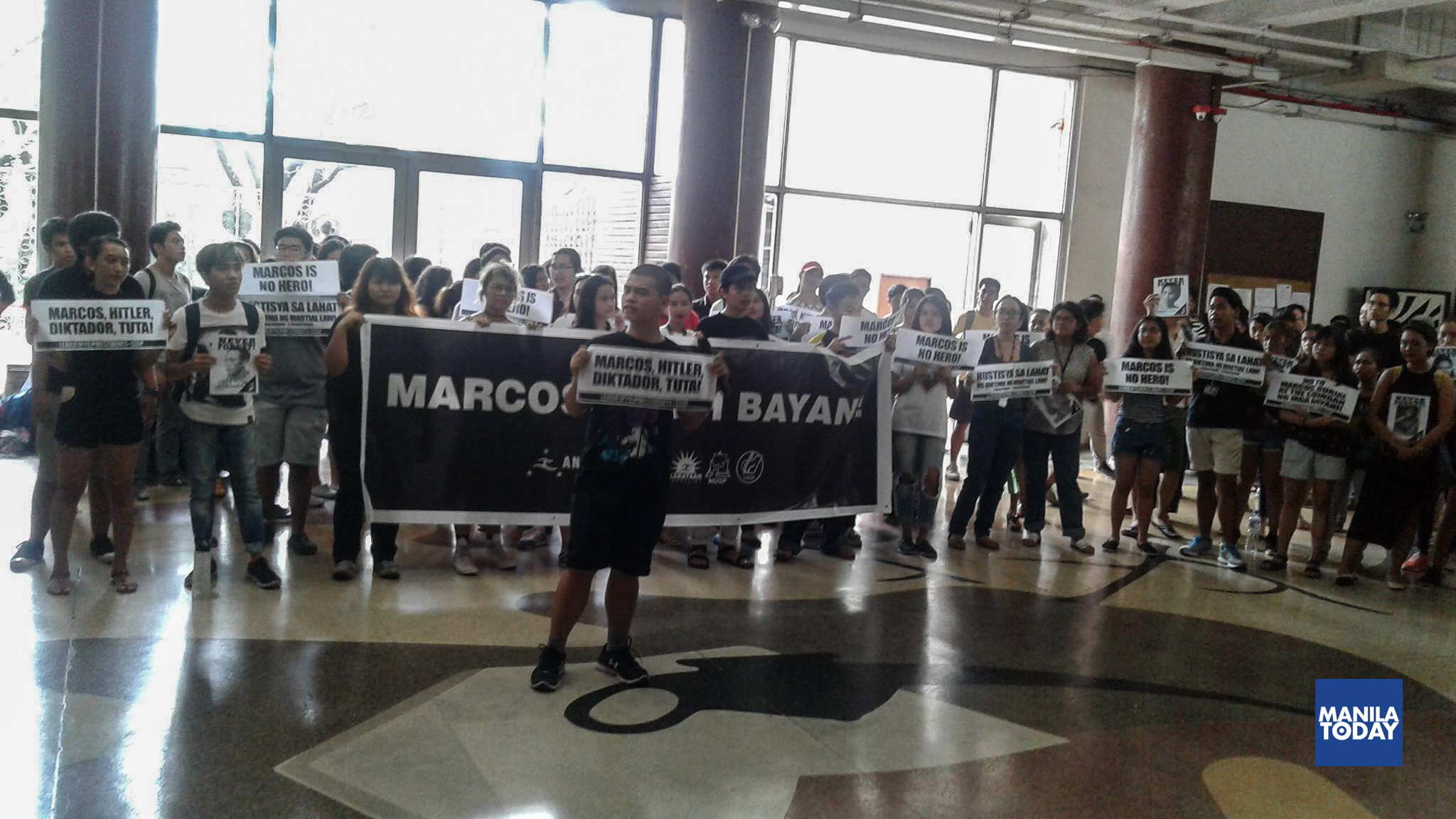 UP Diliman students gathered at Palma Hall today to protest hero's honor given by the state to Marcos.