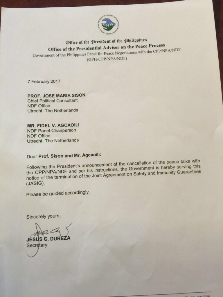 Presidential Peace Adviser Jesus Dureza’s notice of termination of JASIG to the NDFP as posted by ABS-CBN reporter Willard Cheng on twitter.