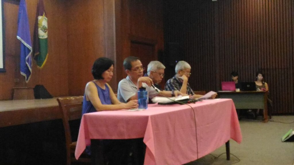 NDFP consultants Wilma and Benito Tiamzon, Alan Jazmines and Randall Echanis talks about the third round of peace talks in a forum on February 4 in Up Diliman. (Photo from Atty. Krissy Conti's Facebook account)
